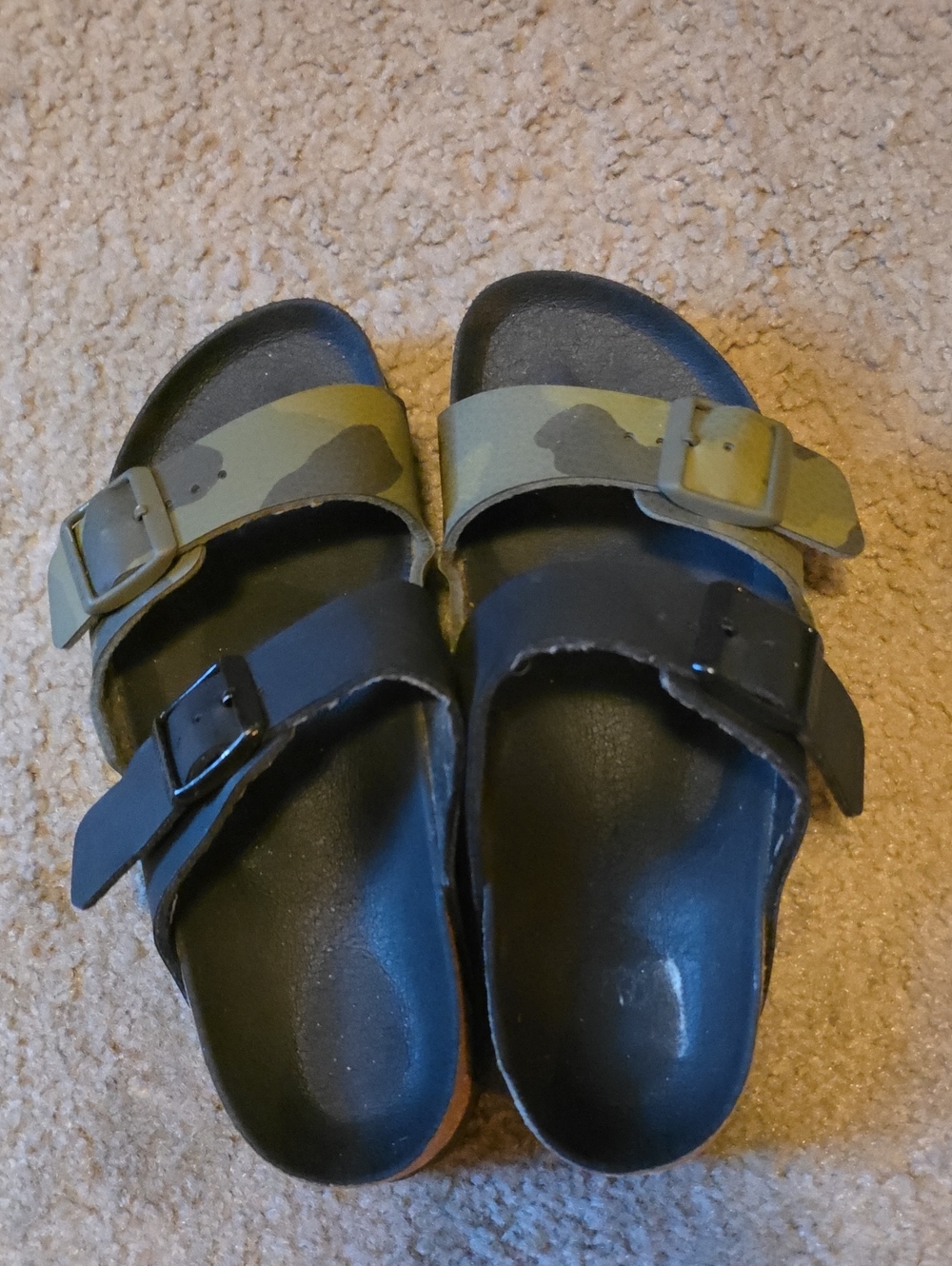 Two-Strap Slide Sandals in Black and Olive Green